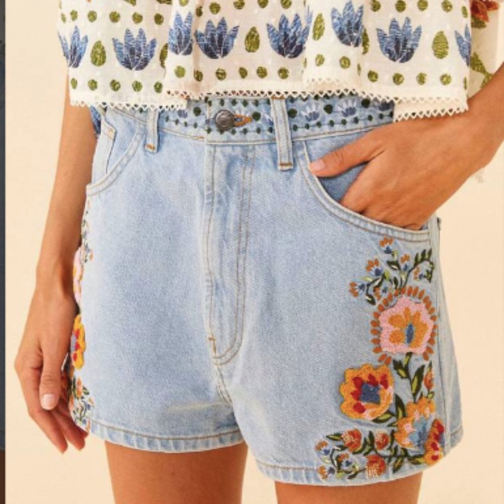 Farm Rio Embroidered Denim Shorts